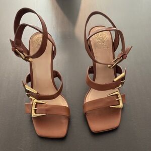 Vince Camuto Tan Sandals with Gold Buckles